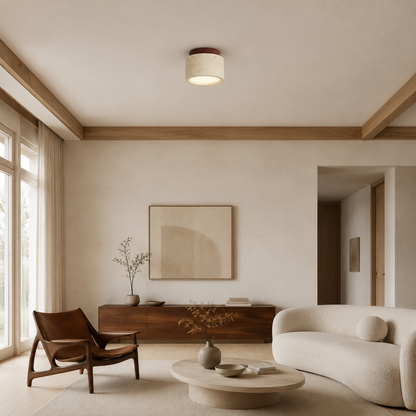 Plafonnier Japandi en Travertin Jaune & Bois – Design Naturel