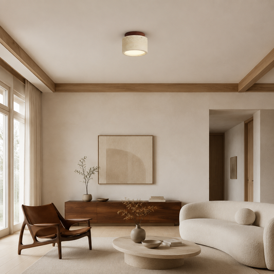 Plafonnier Japandi en Travertin Jaune & Bois – Design Naturel