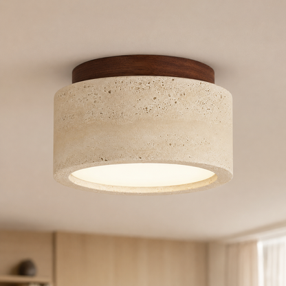 Plafonnier Japandi en Travertin Jaune & Bois – Design Naturel
