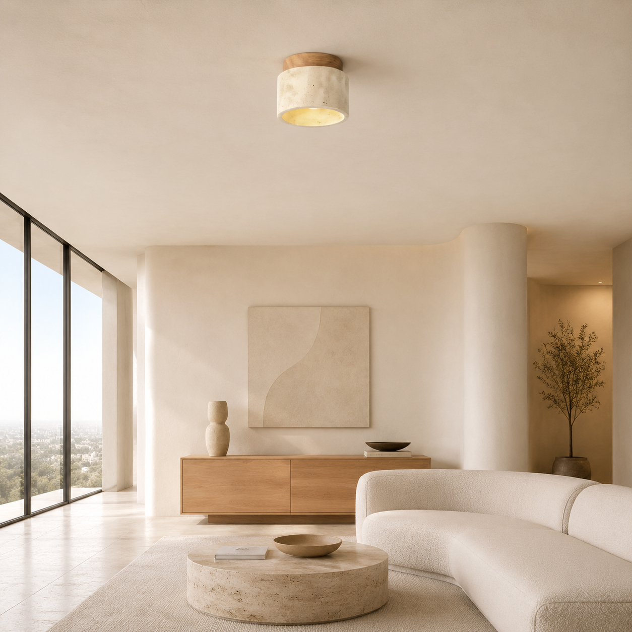 Plafonnier Japandi en Travertin Jaune & Bois – Design Naturel