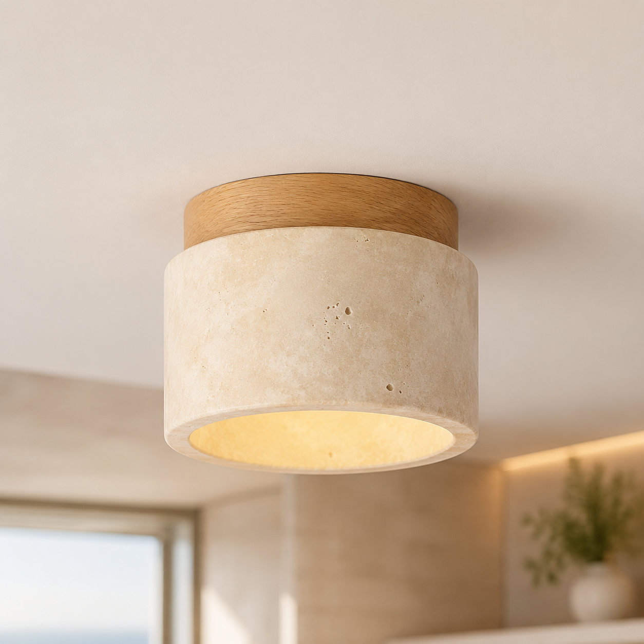Plafonnier Japandi en Travertin Jaune & Bois – Design Naturel
