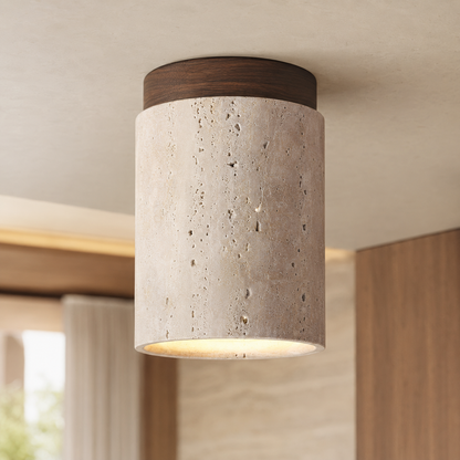 Plafonnier Japandi en Travertin Jaune & Bois – Design Naturel