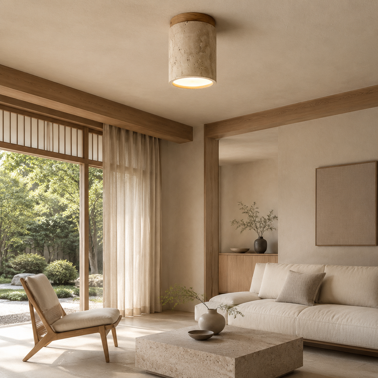 Plafonnier Japandi en Travertin Jaune & Bois – Design Naturel