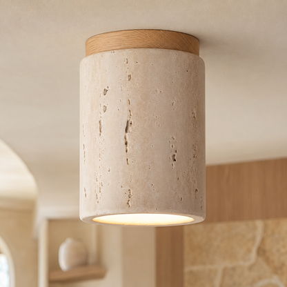 Plafonnier Japandi en Travertin Jaune & Bois – Design Naturel