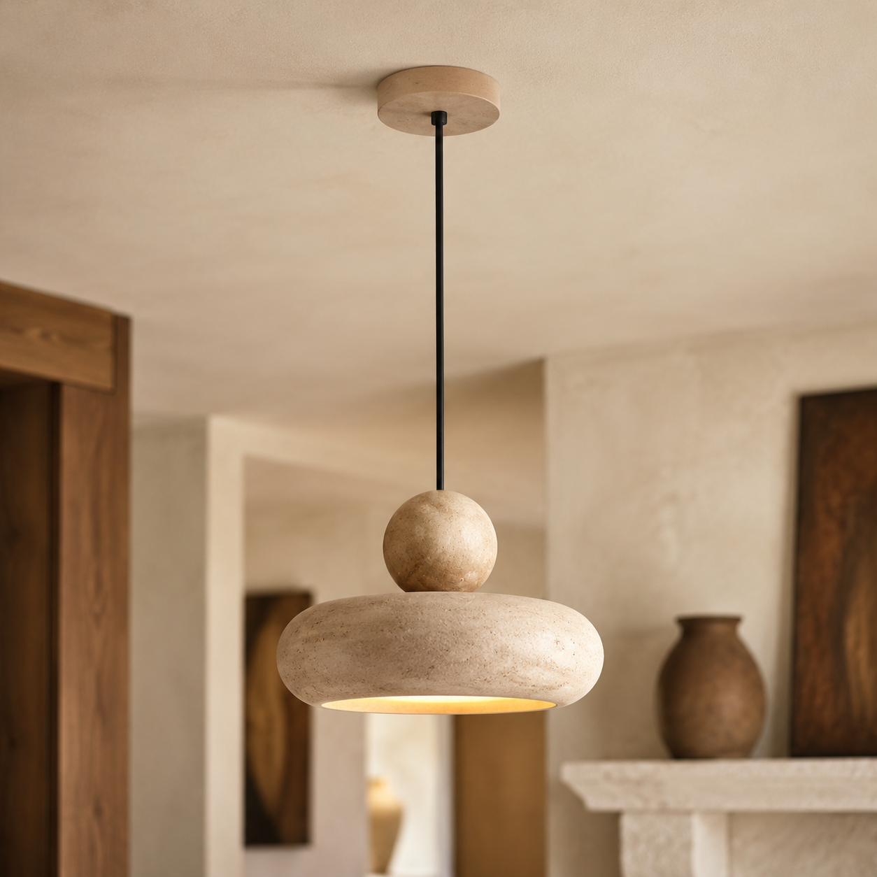 Suspension Wabi Sabi en Travertin – Luminaire Naturel & Design Minimaliste
