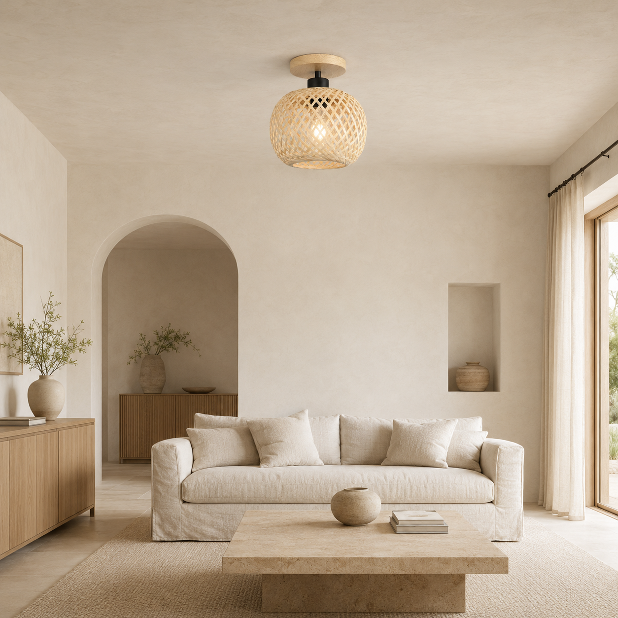 Plafonnier en Bambou Tissé – Design Naturel & Ambiance Rétro