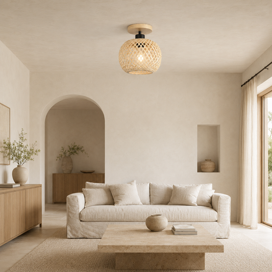 Plafonnier en Bambou Tissé – Design Naturel & Ambiance Rétro