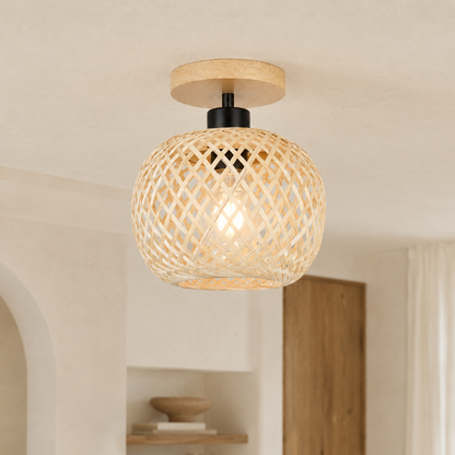 Plafonnier en Bambou Tissé – Design Naturel & Ambiance Rétro