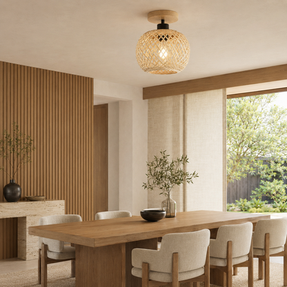 Plafonnier en Bambou Tissé – Design Naturel & Ambiance Rétro