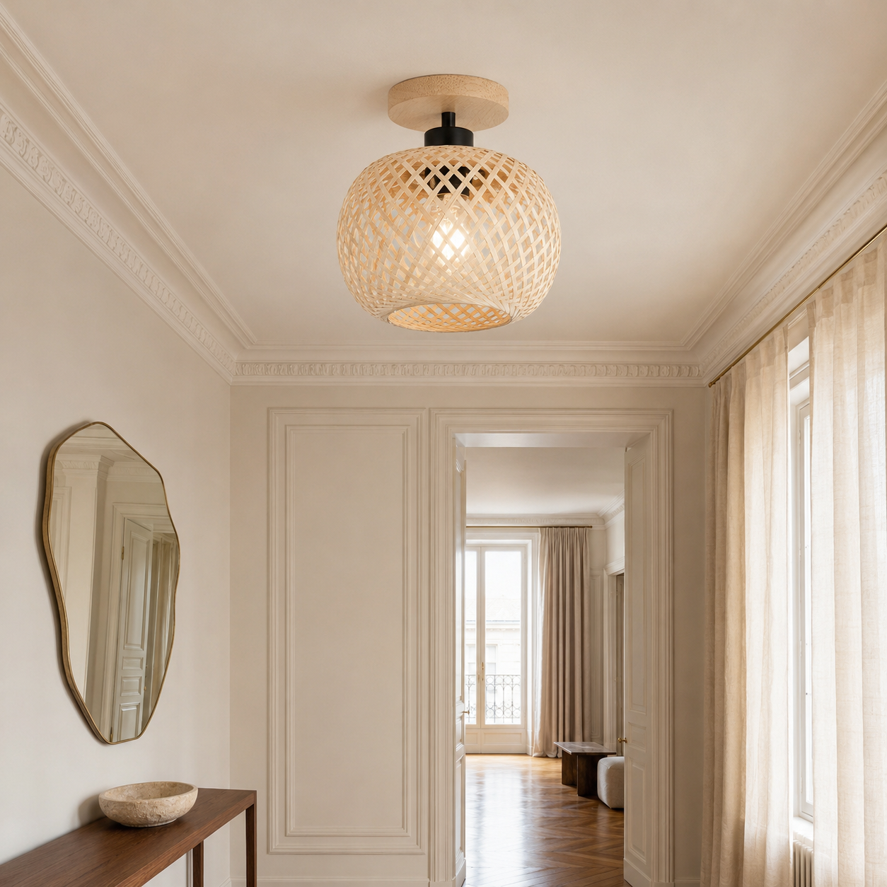 Plafonnier en Bambou Tissé – Design Naturel & Ambiance Rétro