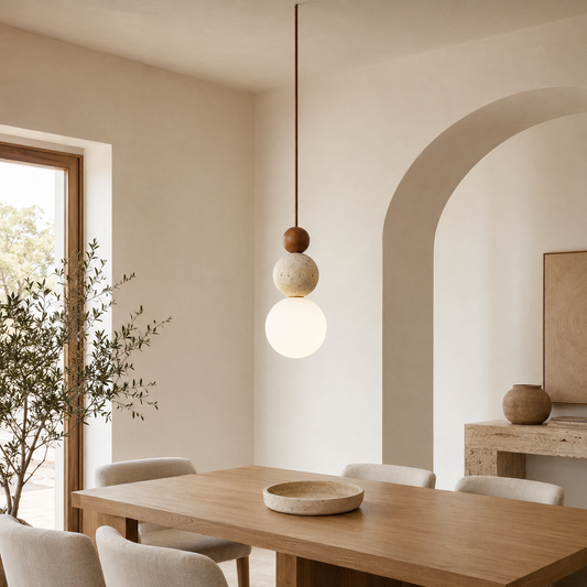 Suspension Travertin & Bois Naturel – Design Japandi Élégant
