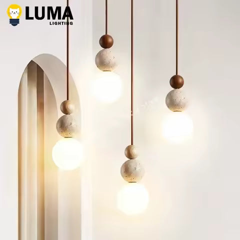 Lampe Suspendue Luma en Travertin Jaune & Bois Naturel - Design Moderne pour Cuisine, Chambre, Restaurant