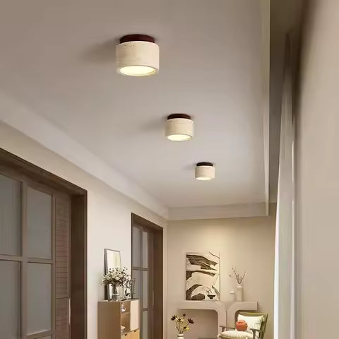 Plafonnier LED Rond en Travertin Jaune et Bois Japonais - Éclairage Design pour Salon, Couloir, Balcon
