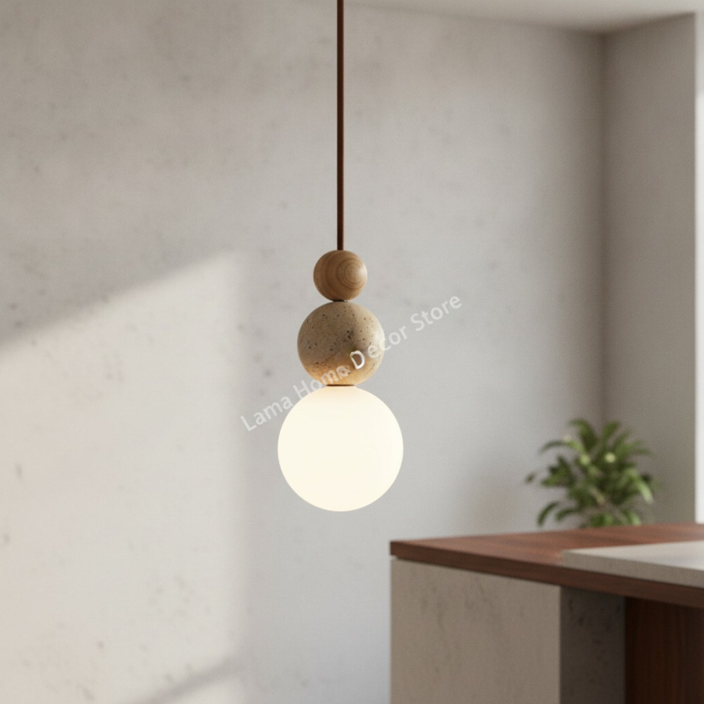 Lampe Suspendue Luma en Travertin Jaune & Bois Naturel - Design Moderne pour Cuisine, Chambre, Restaurant