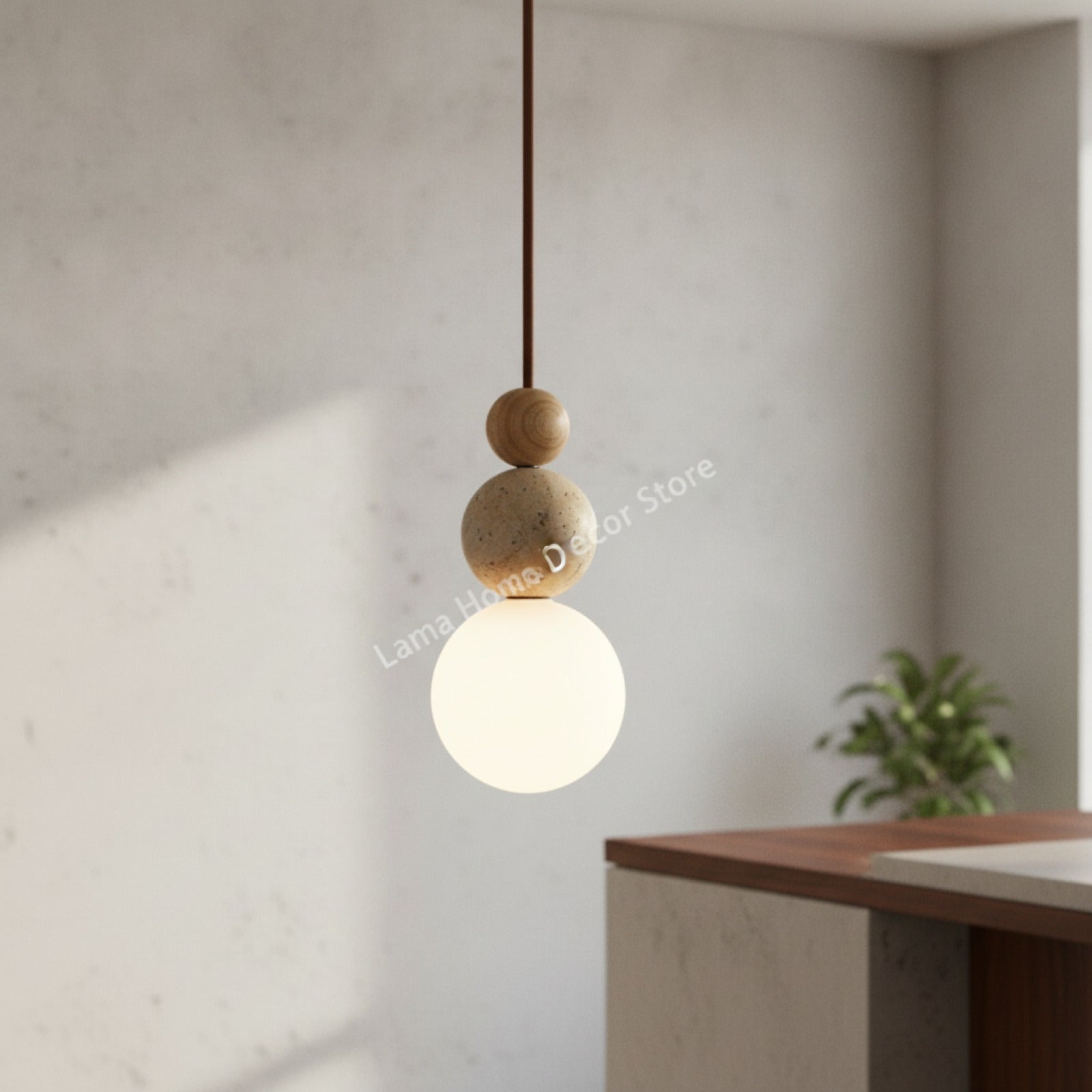 Lampe Suspendue Luma en Travertin Jaune & Bois Naturel - Design Moderne pour Cuisine, Chambre, Restaurant