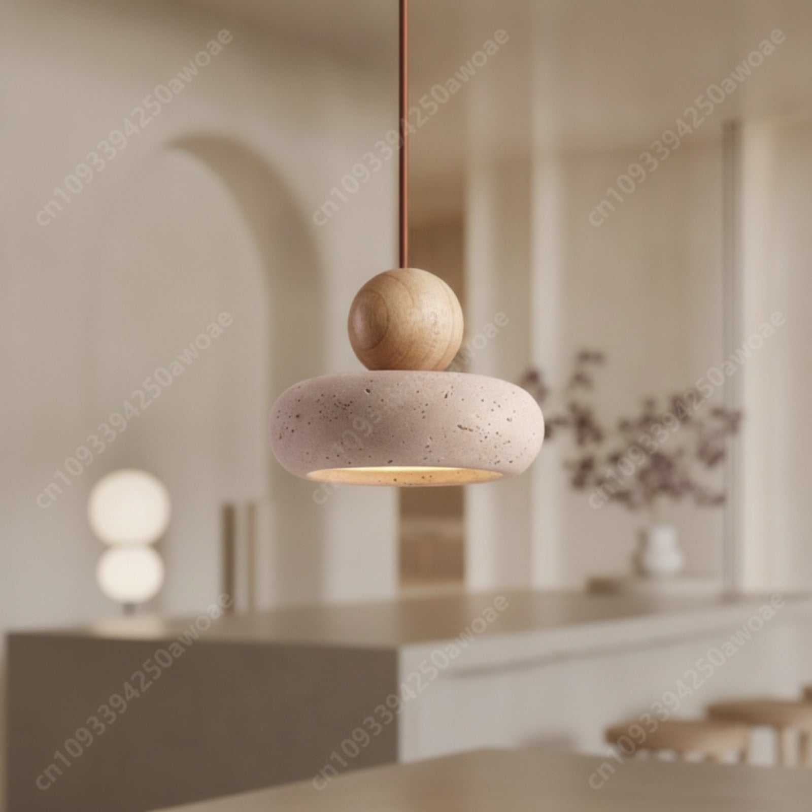 Luminaire Suspendu Pierre Naturelle Wabi-Sabi - Travertin Japonais pour Cuisine & Restaurant