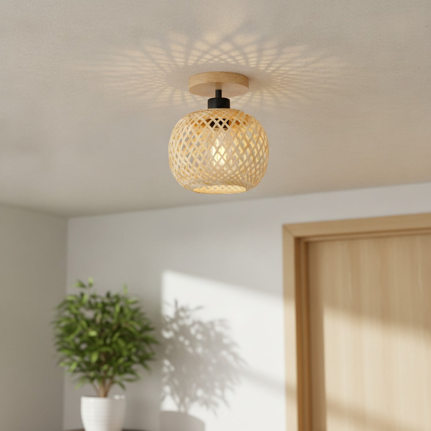 Plafonnier LED Rétro en Bambou Tissé pour Couloir, Allée et Salon - Luminaire Décoratif E27
