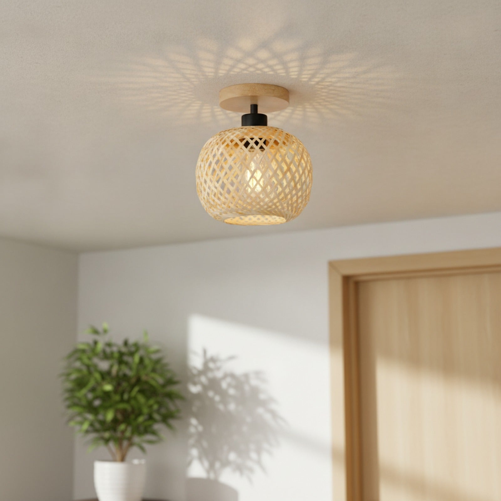 Plafonnier LED Rétro en Bambou Tissé pour Couloir, Allée et Salon - Luminaire Décoratif E27