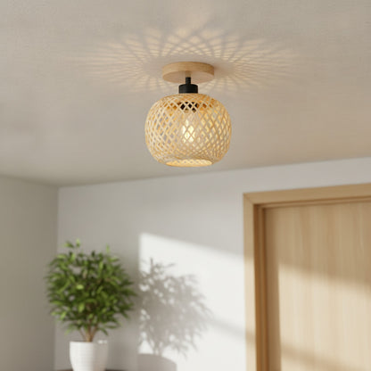 Plafonnier LED Rétro en Bambou Tissé pour Couloir, Allée et Salon - Luminaire Décoratif E27