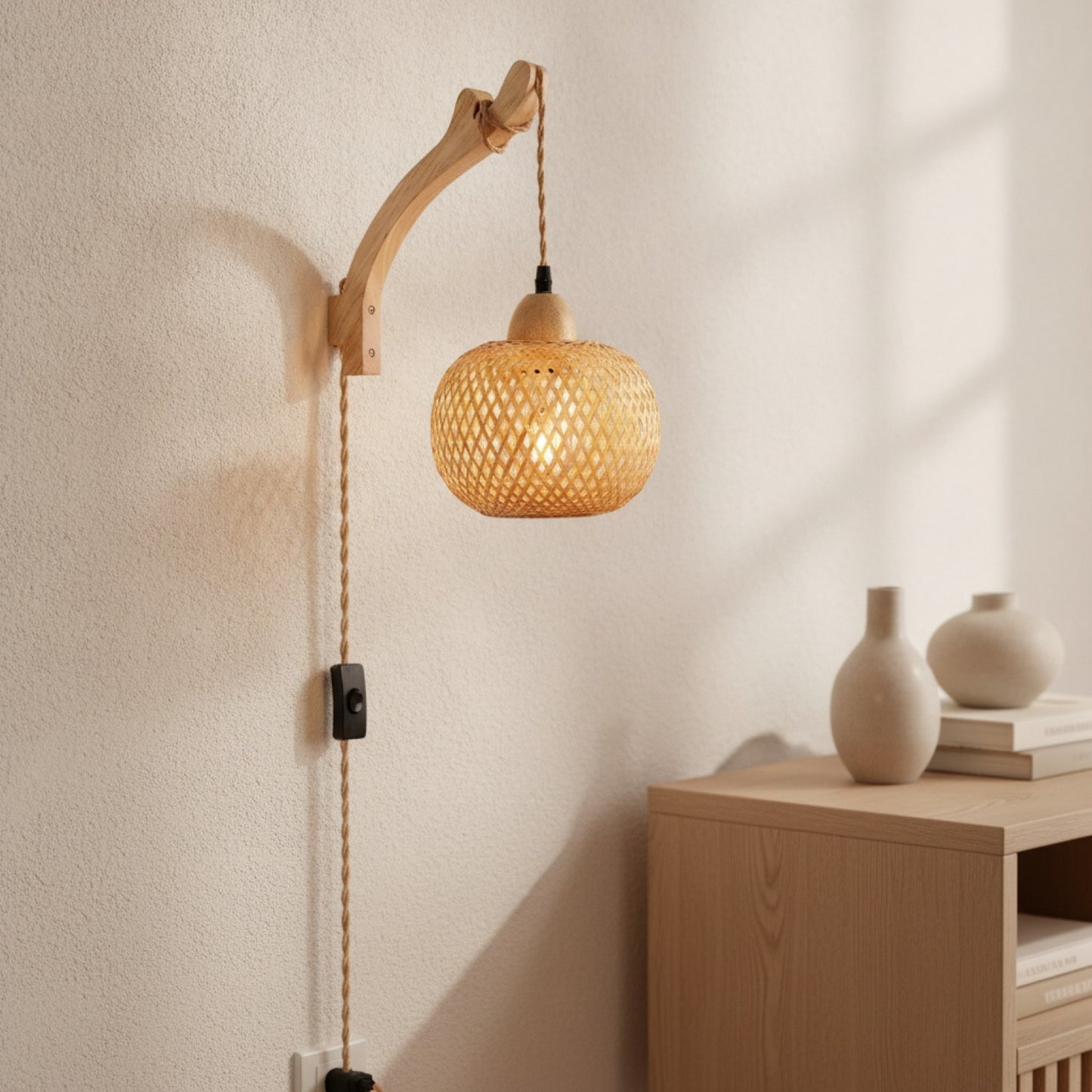 Applique Murale en Bambou et Rotin Naturel - Luminaire Tissé Main Style Bohème