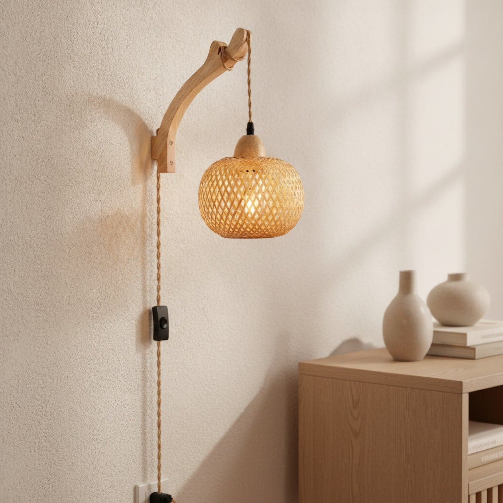 Applique Murale en Bambou et Rotin Naturel - Luminaire Tissé Main Style Bohème