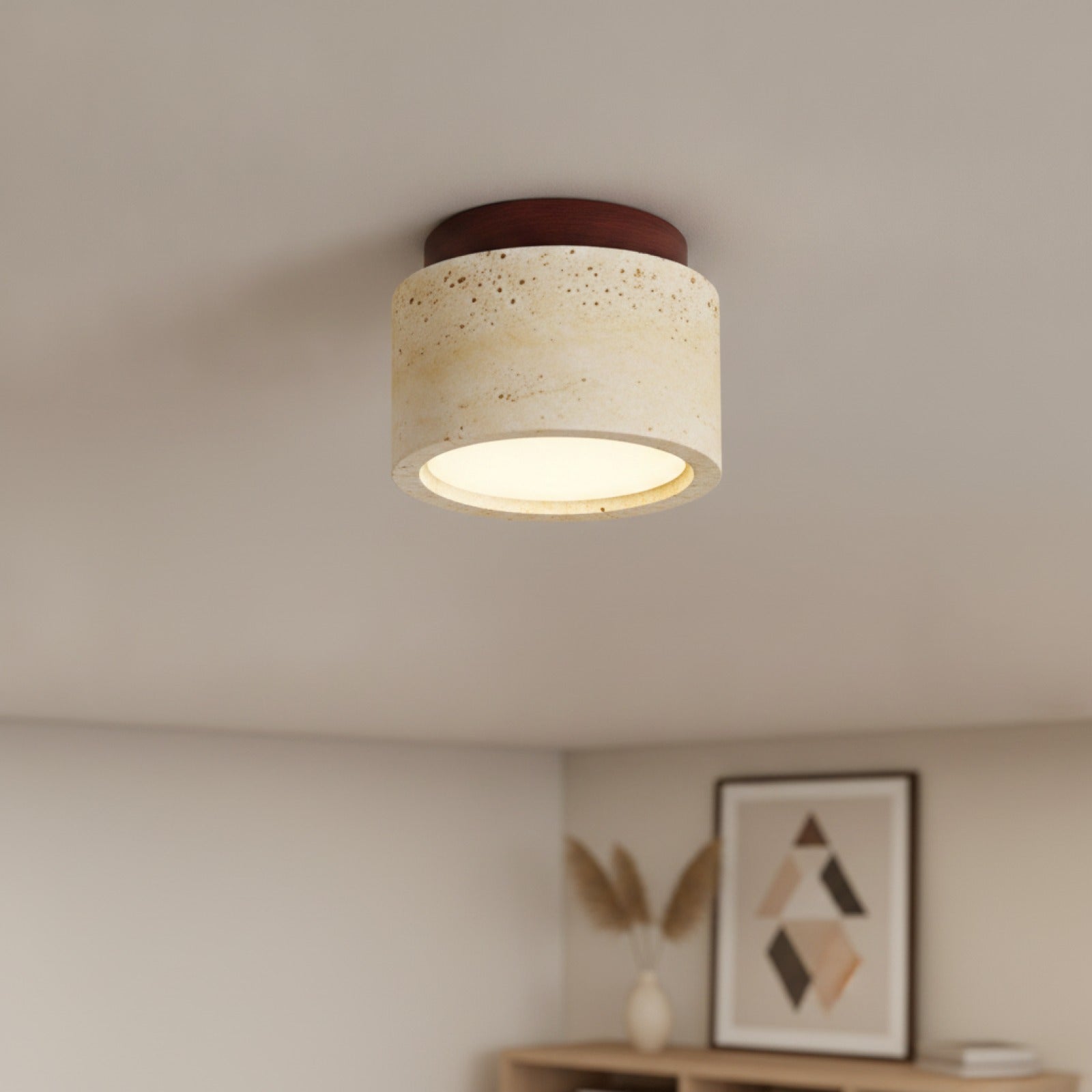 Plafonnier LED Rond en Travertin Jaune et Bois Japonais - Éclairage Design pour Salon, Couloir, Balcon