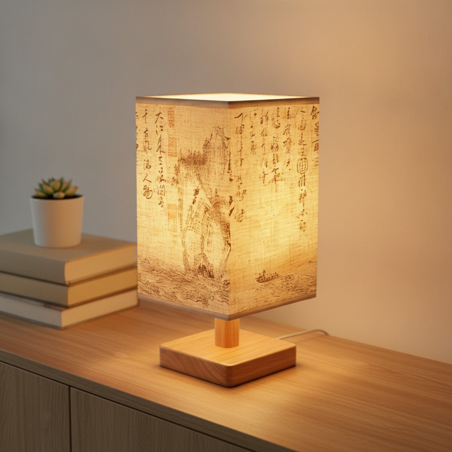 Lampe de Chevet LED Design Carré - Abat-jour Tissu, Dimmable, Style Chinois