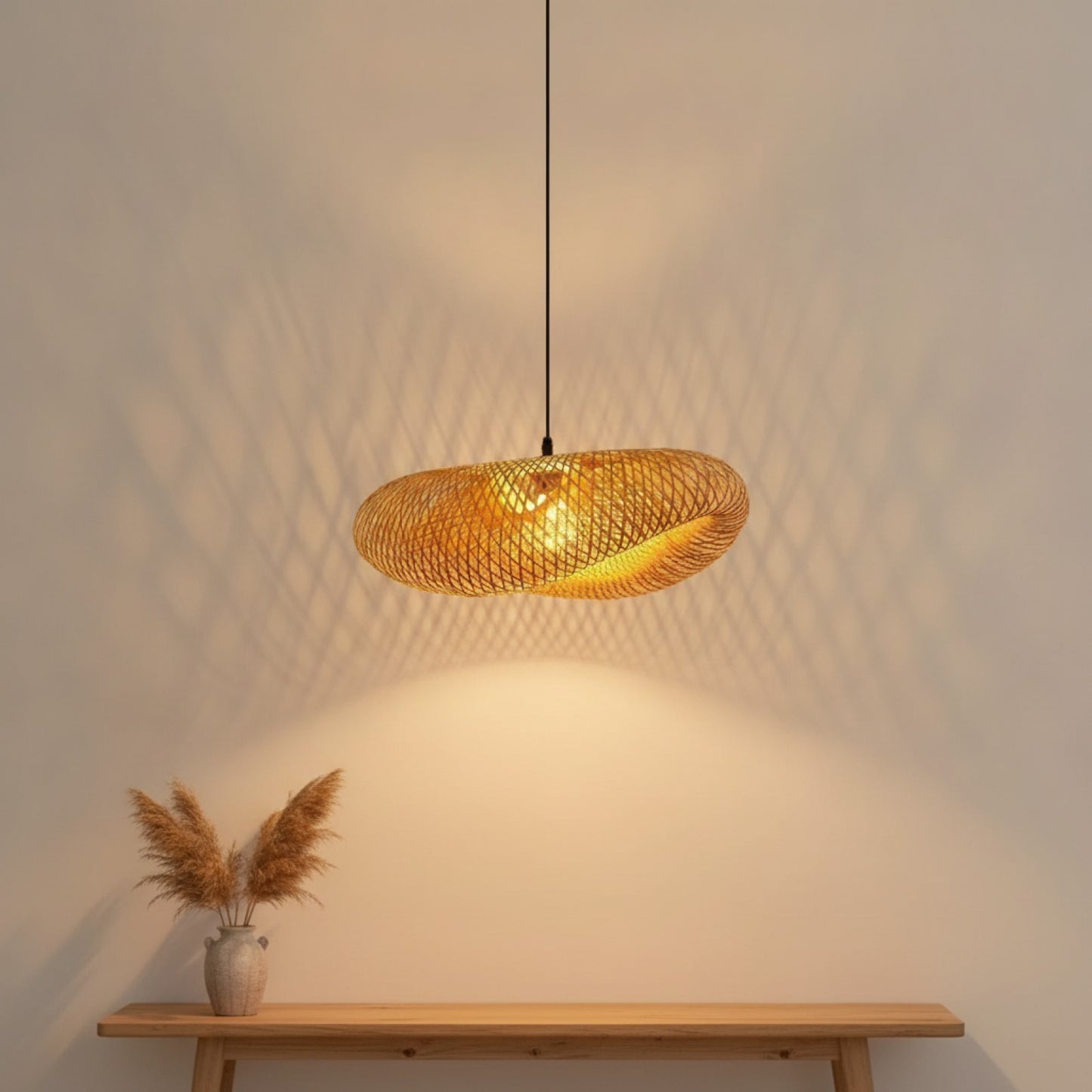 Suspension Bambou Tissée à la Main - Luminaire LED Ø38cm pour Chambre & Salon