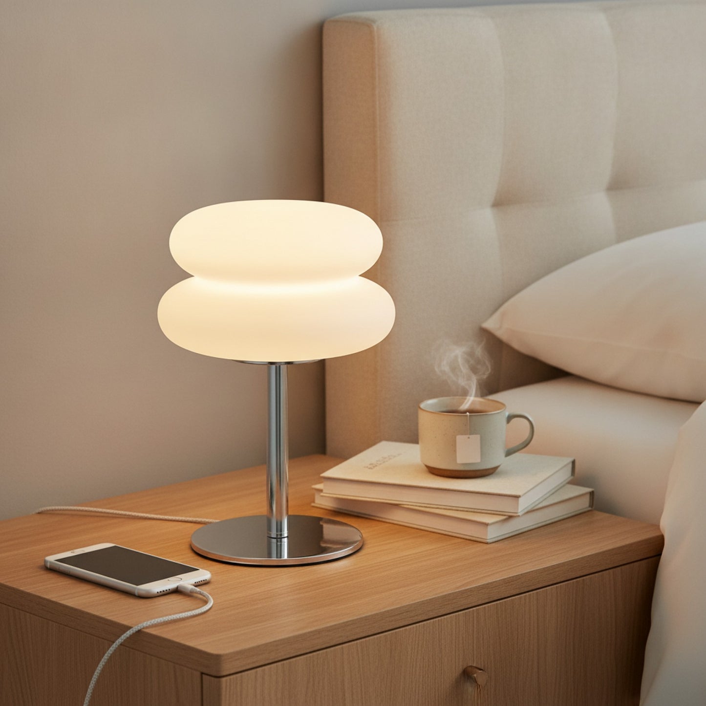 Lampe de Chevet Crémeuse avec USB et Gradation Tricolore