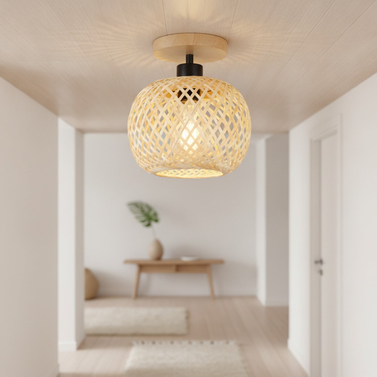 Plafonnier LED Rétro en Bambou Tissé pour Couloir, Allée et Salon - Luminaire Décoratif E27