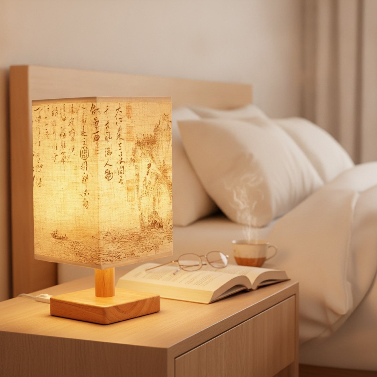 Lampe de Chevet LED Design Carré - Abat-jour Tissu, Dimmable, Style Chinois