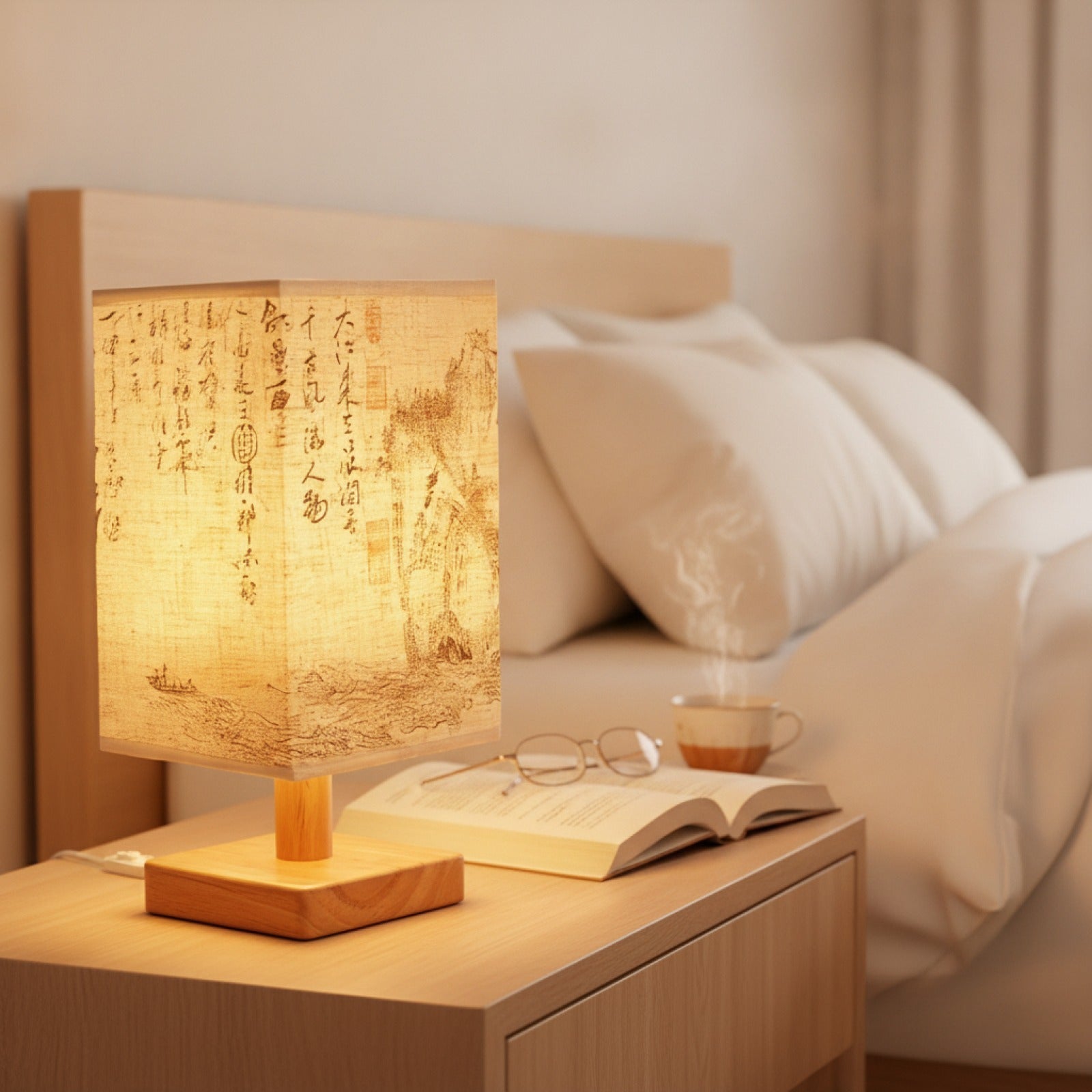 Lampe de Chevet LED Design Carré - Abat-jour Tissu, Dimmable, Style Chinois