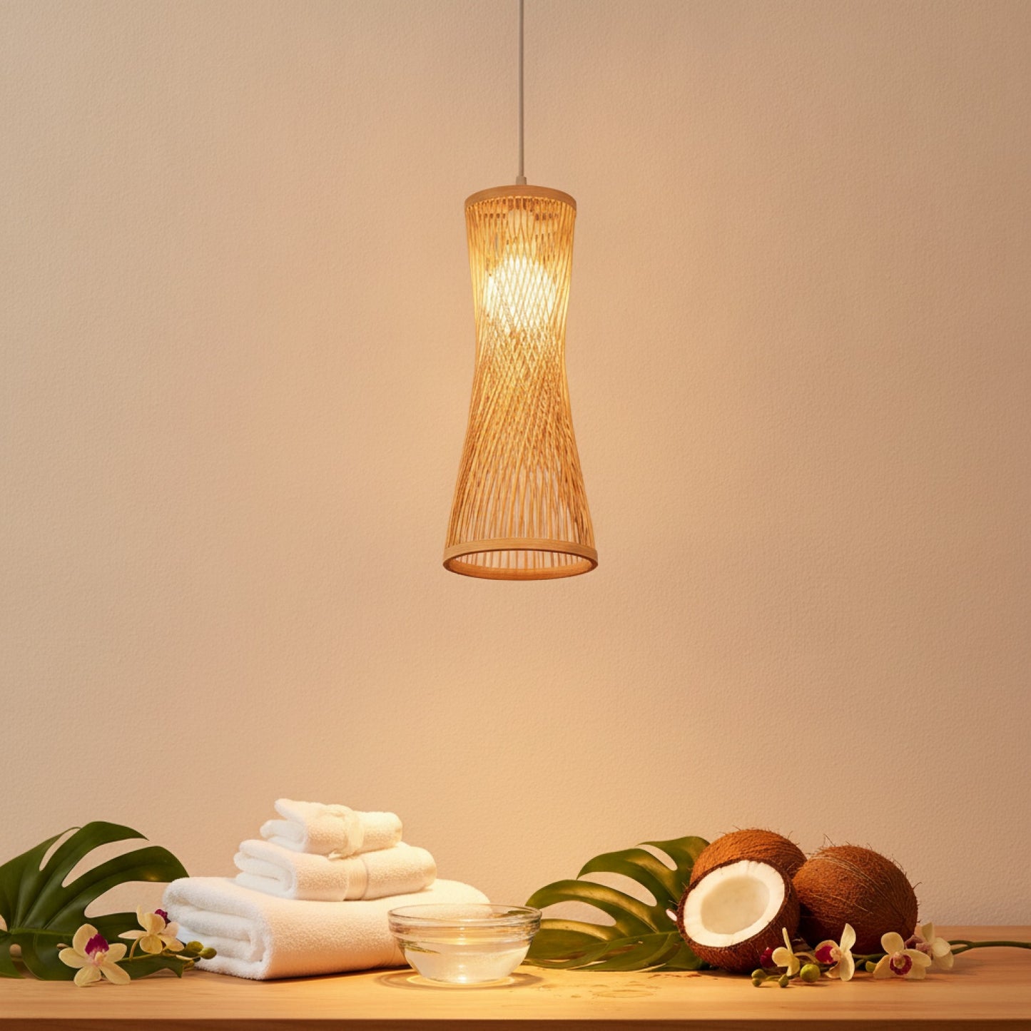 Lustre Suspension Rotin Tissé Style Japonais & Chinois - Éclairage Design pour Maison, Café, Bar, Restaurant