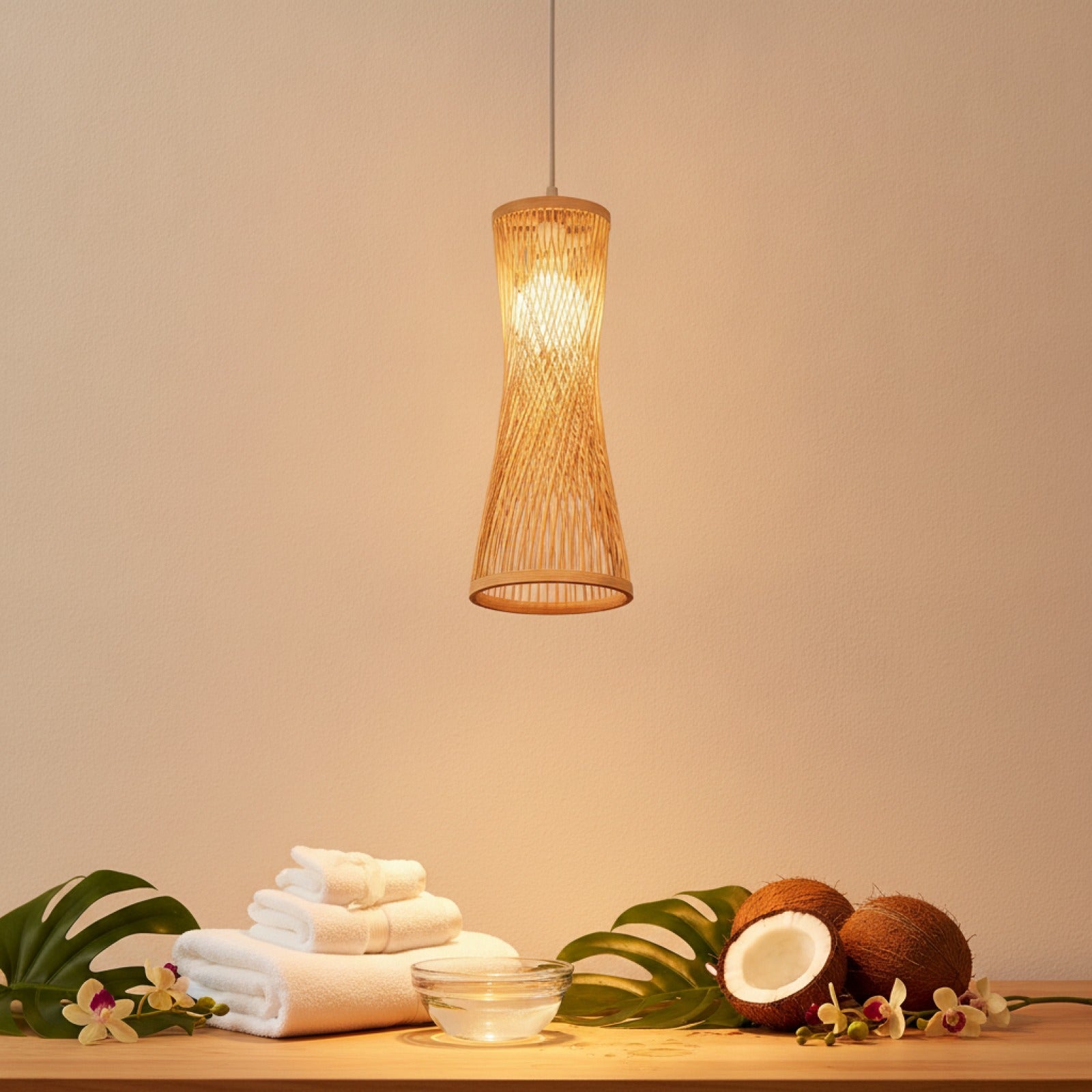 Lustre Suspension Rotin Tissé Style Japonais & Chinois - Éclairage Design pour Maison, Café, Bar, Restaurant