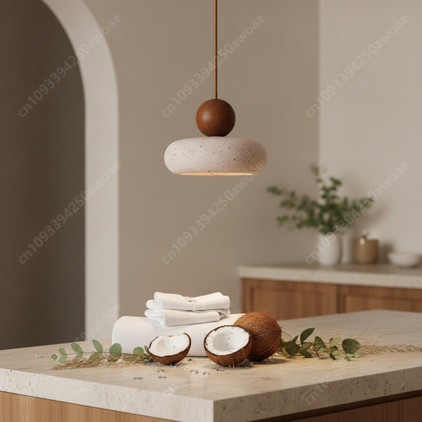 Luminaire Suspendu Pierre Naturelle Wabi-Sabi - Travertin Japonais pour Cuisine & Restaurant