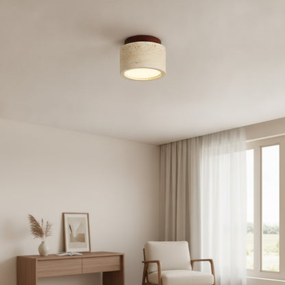 Plafonnier LED Rond en Travertin Jaune et Bois Japonais - Éclairage Design pour Salon, Couloir, Balcon