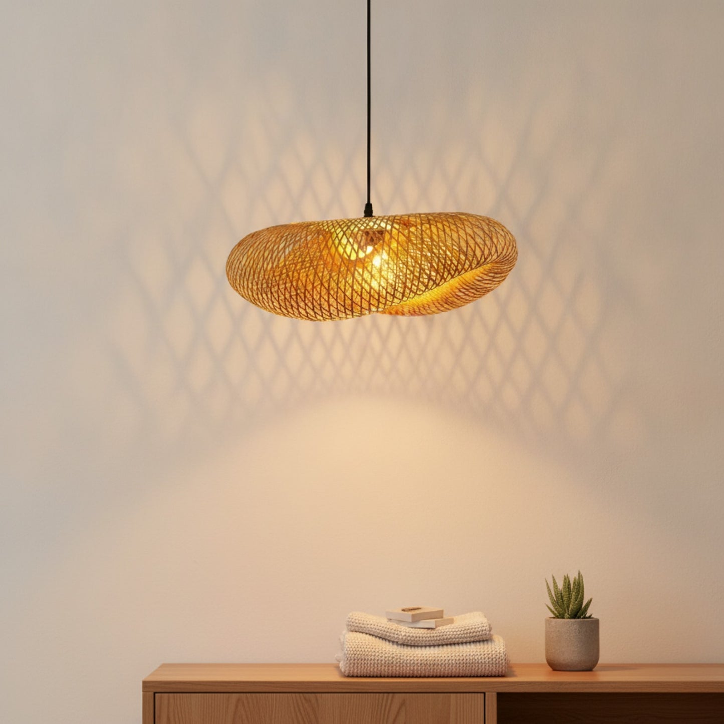 Suspension Bambou Tissée à la Main - Luminaire LED Ø38cm pour Chambre & Salon