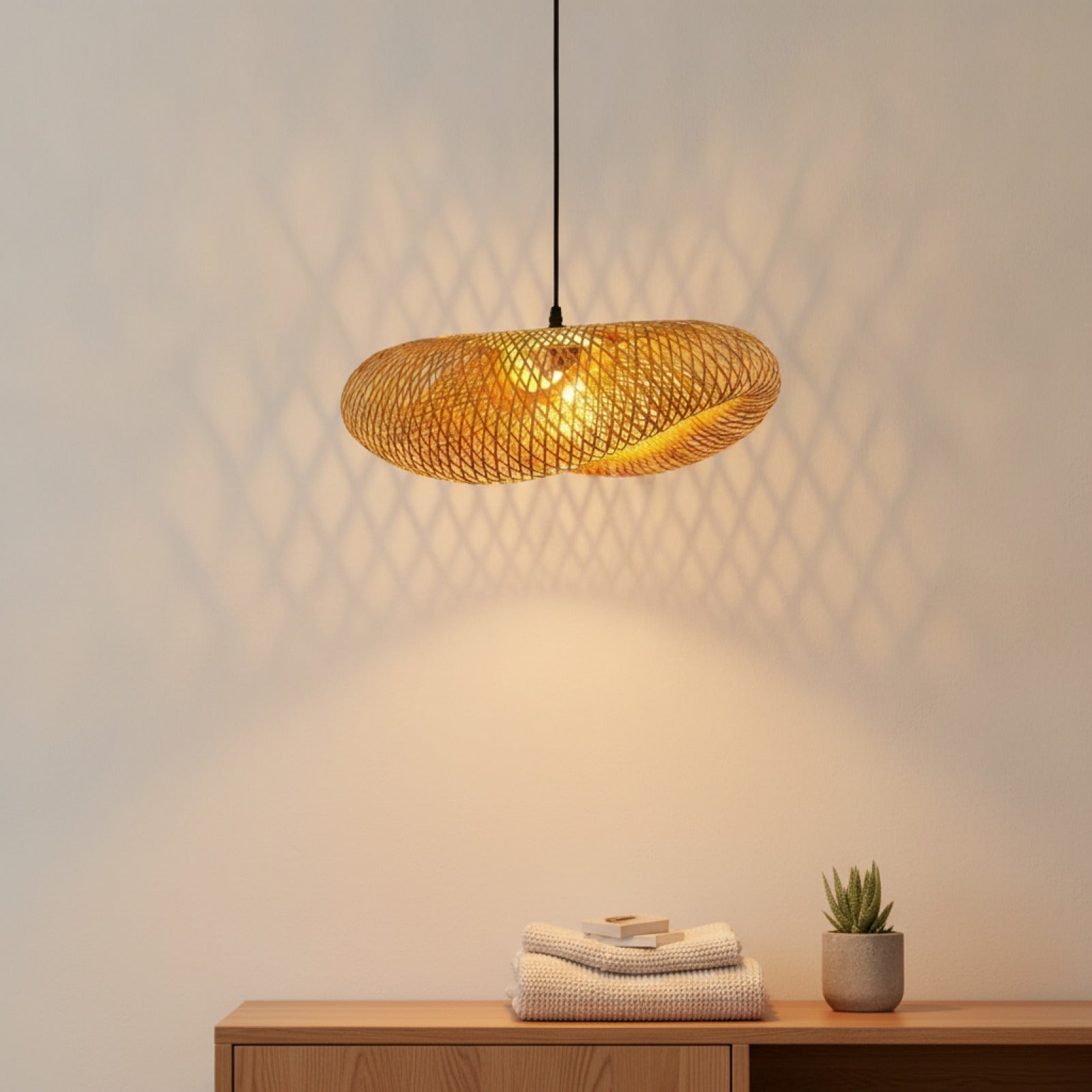 Suspension Bambou Tissée à la Main - Luminaire LED Ø38cm pour Chambre & Salon