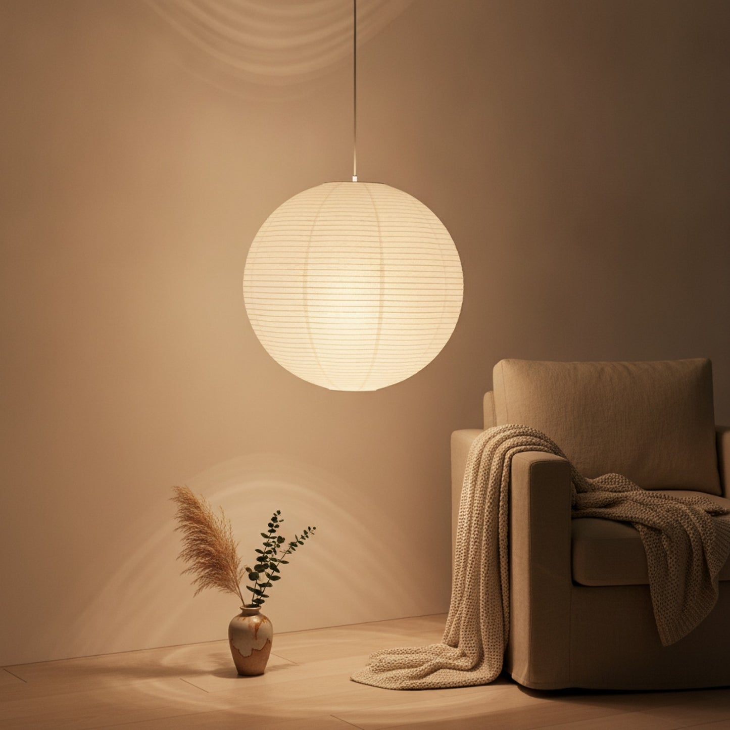 Lampe Suspension Papier Riz Tissé à la Main Style Wabi Sabi - LED pour Salon & Chambre