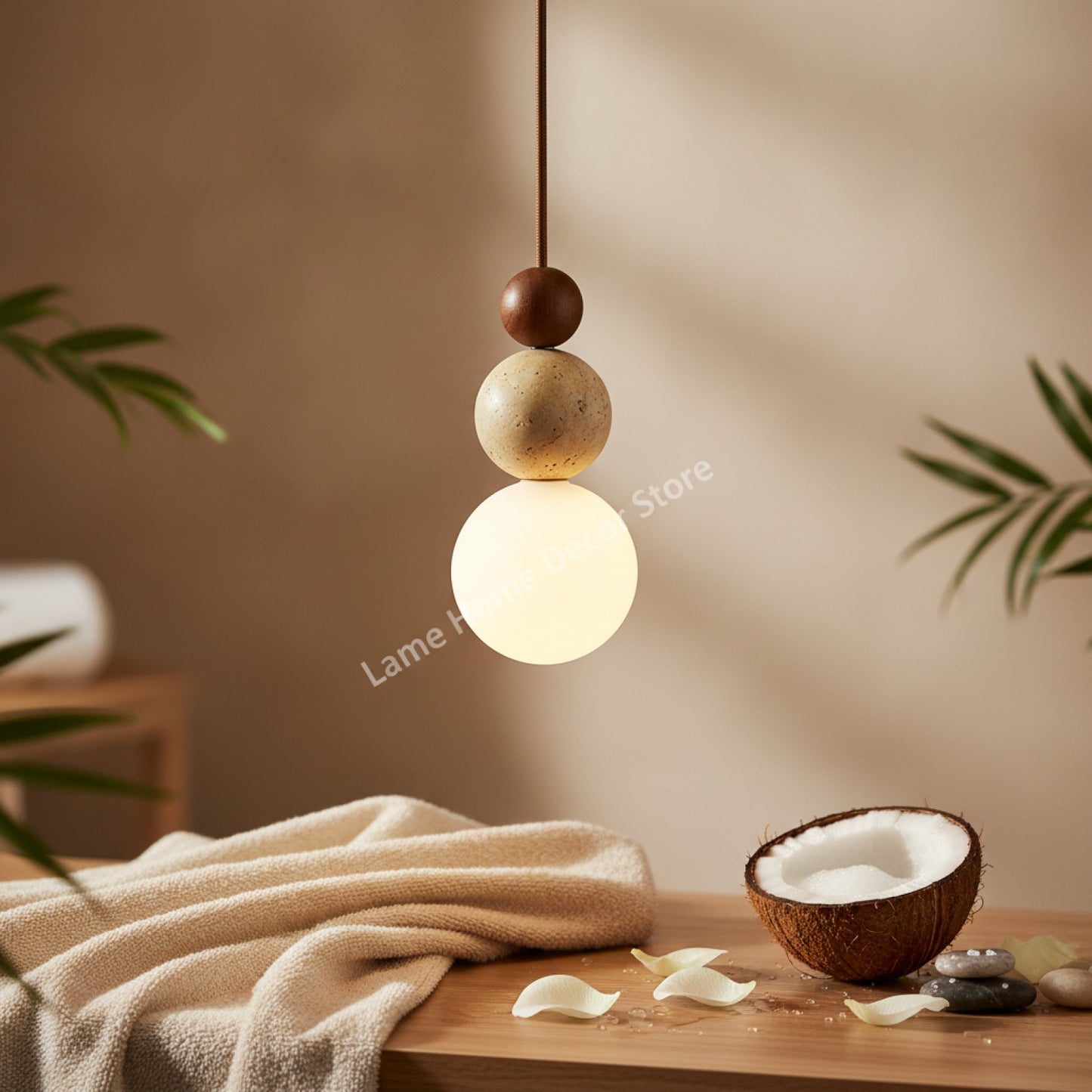 Lampe Suspendue Luma en Travertin Jaune & Bois Naturel - Design Moderne pour Cuisine, Chambre, Restaurant
