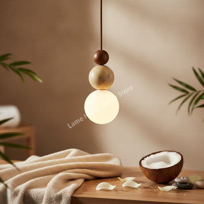 Lampe Suspendue Luma en Travertin Jaune & Bois Naturel - Design Moderne pour Cuisine, Chambre, Restaurant