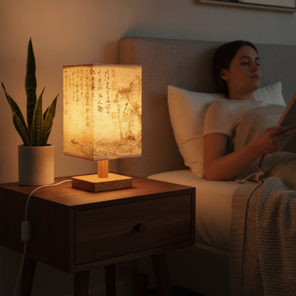 Lampe de Chevet LED Design Carré - Abat-jour Tissu, Dimmable, Style Chinois