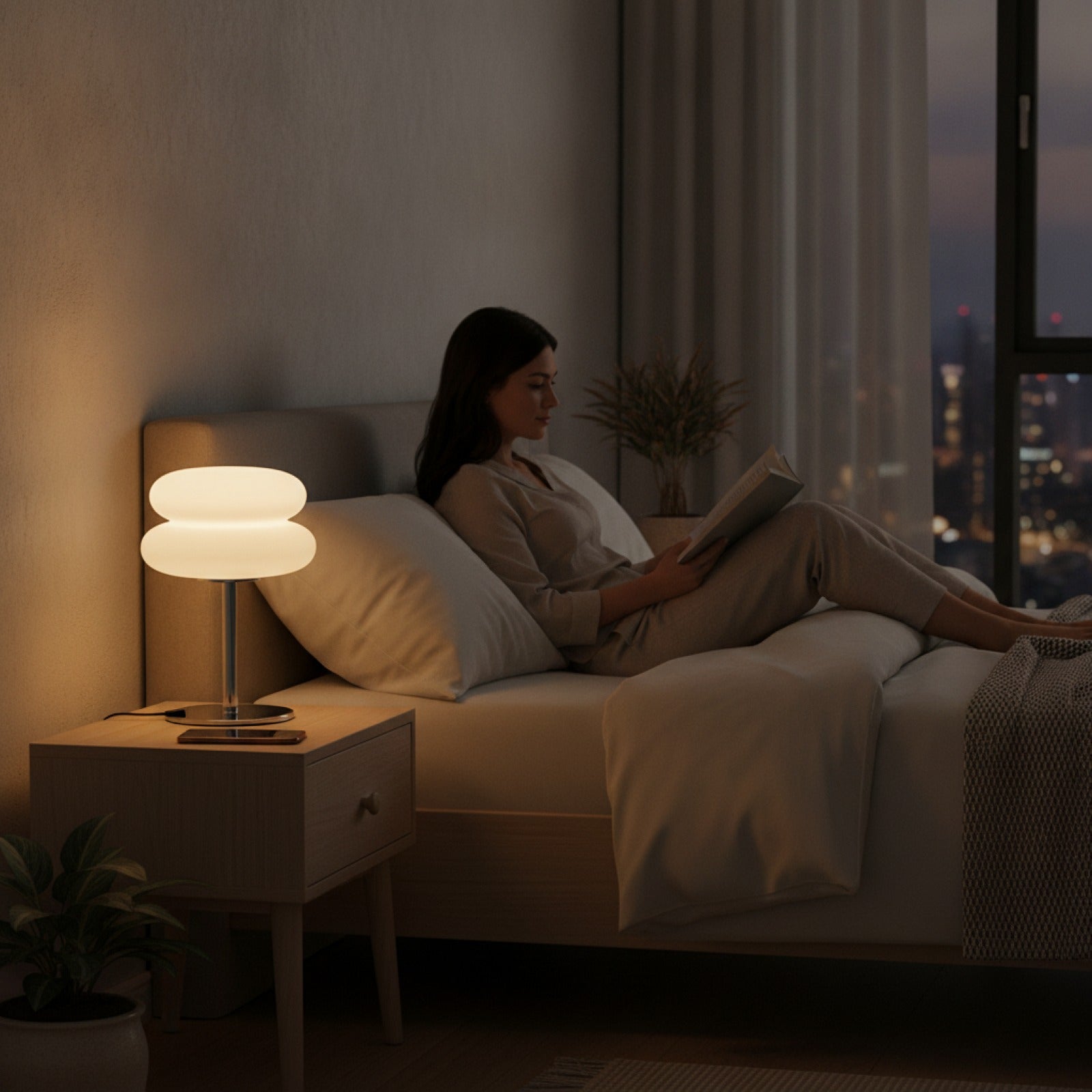 Lampe de Chevet Crémeuse avec USB et Gradation Tricolore