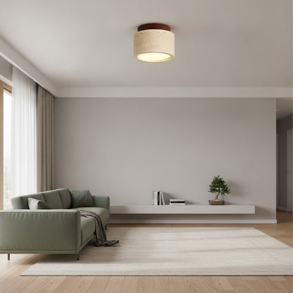 Plafonnier LED Rond en Travertin Jaune et Bois Japonais - Éclairage Design pour Salon, Couloir, Balcon