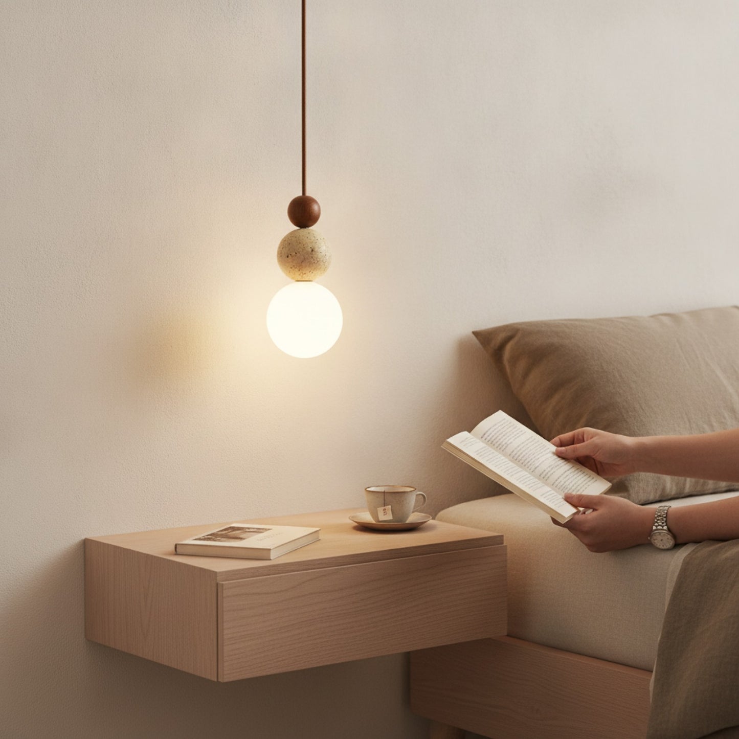 Lampe Suspendue Luma en Travertin Jaune & Bois Naturel - Design Moderne pour Cuisine, Chambre, Restaurant