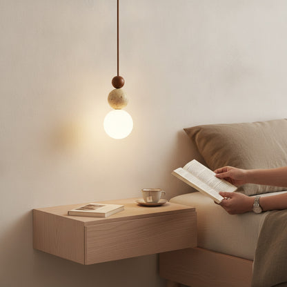 Lampe Suspendue Luma en Travertin Jaune & Bois Naturel - Design Moderne pour Cuisine, Chambre, Restaurant