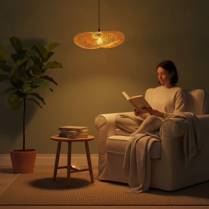 Suspension Bambou Tissée à la Main - Luminaire LED Ø38cm pour Chambre & Salon