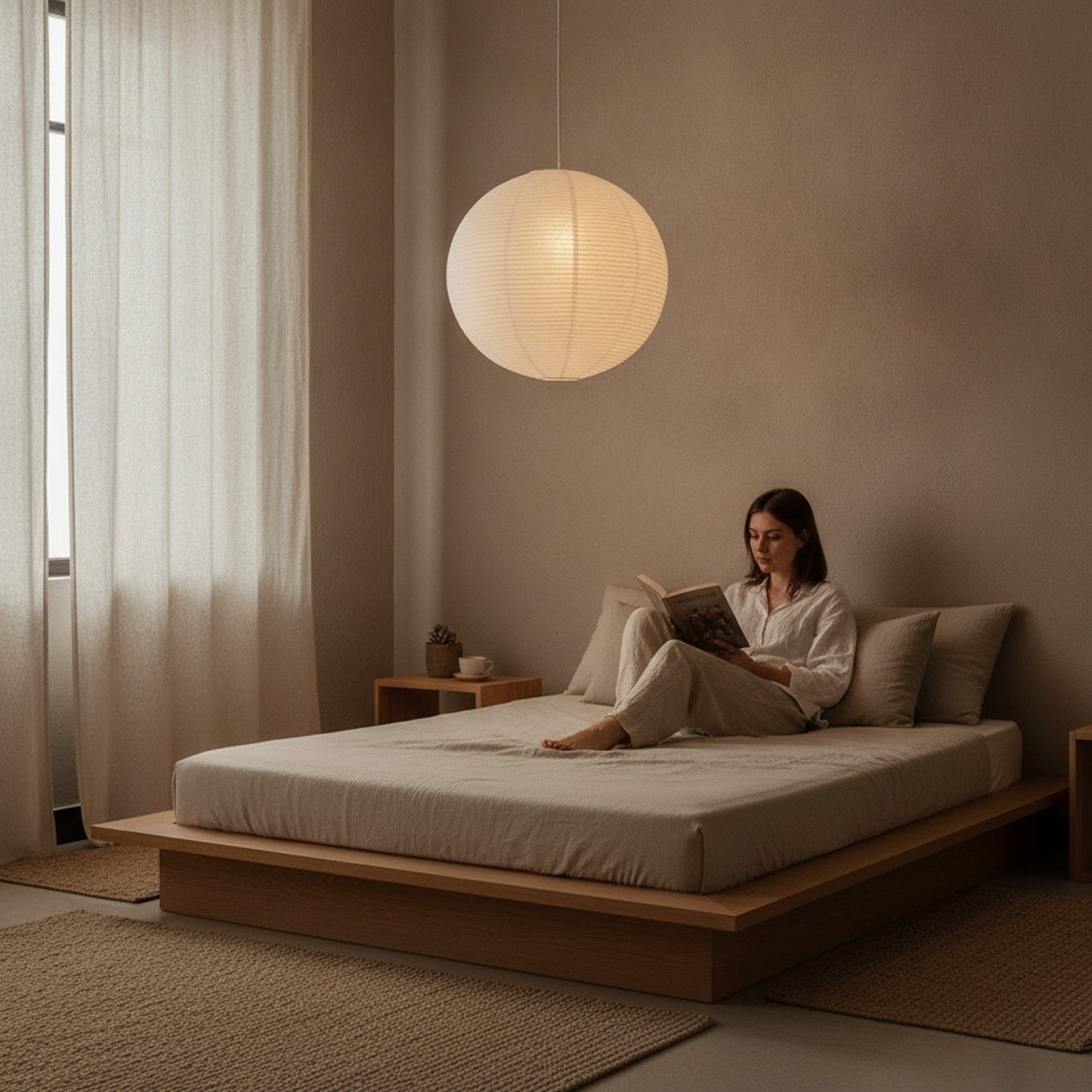 Lampe Suspension Papier Riz Tissé à la Main Style Wabi Sabi - LED pour Salon & Chambre