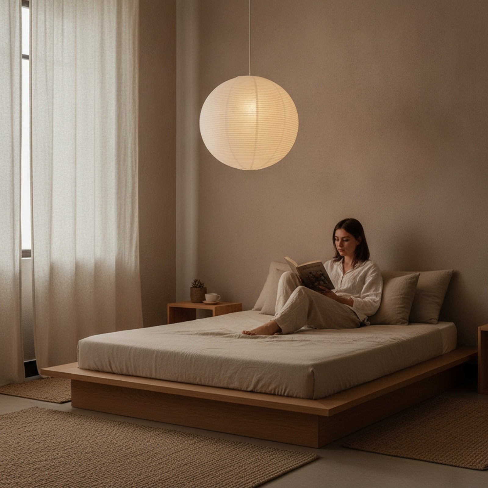 Lampe Suspension Papier Riz Tissé à la Main Style Wabi Sabi - LED pour Salon & Chambre