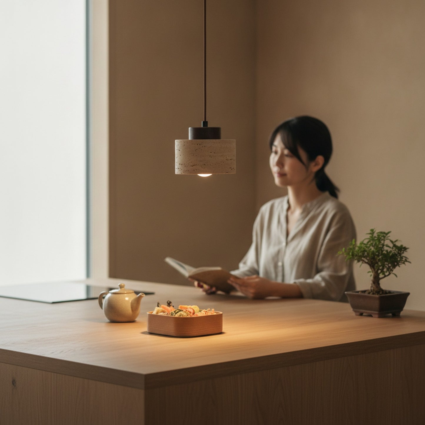 Lustre Suspendu Travertin Style Japonais - Lampe LED Design pour Cuisine & Salon